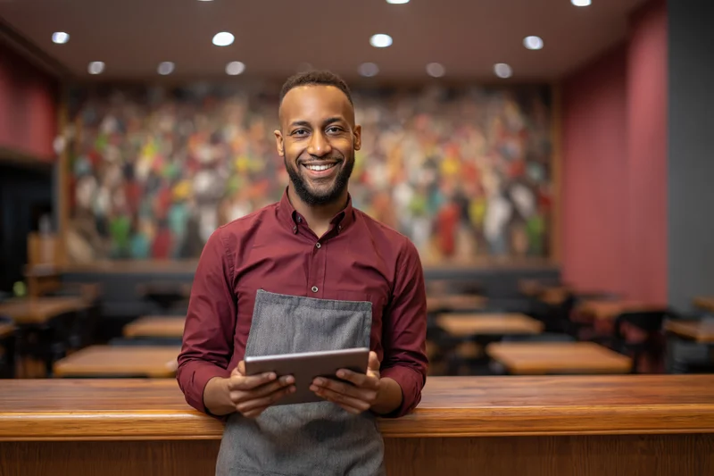 Smiling man in apron holding tablet beside wooden bar counter in restaurant interior