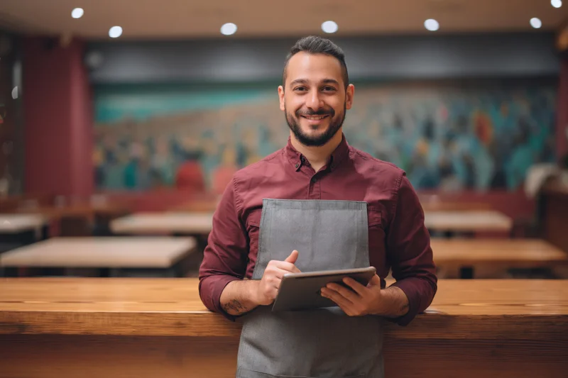 Man in apron holding tablet smiling beside wooden bar counter in restaurant interior