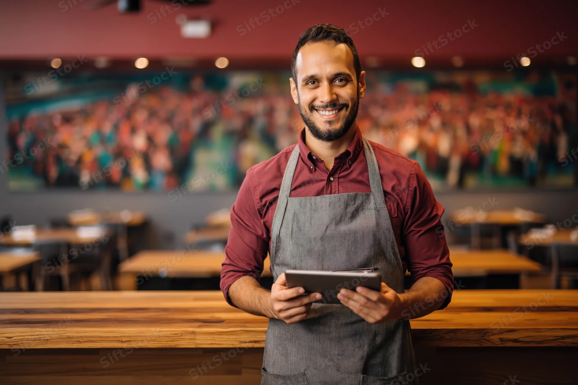 Smiling male restaurant owner holding tablet beside wooden bar counter in dining interior