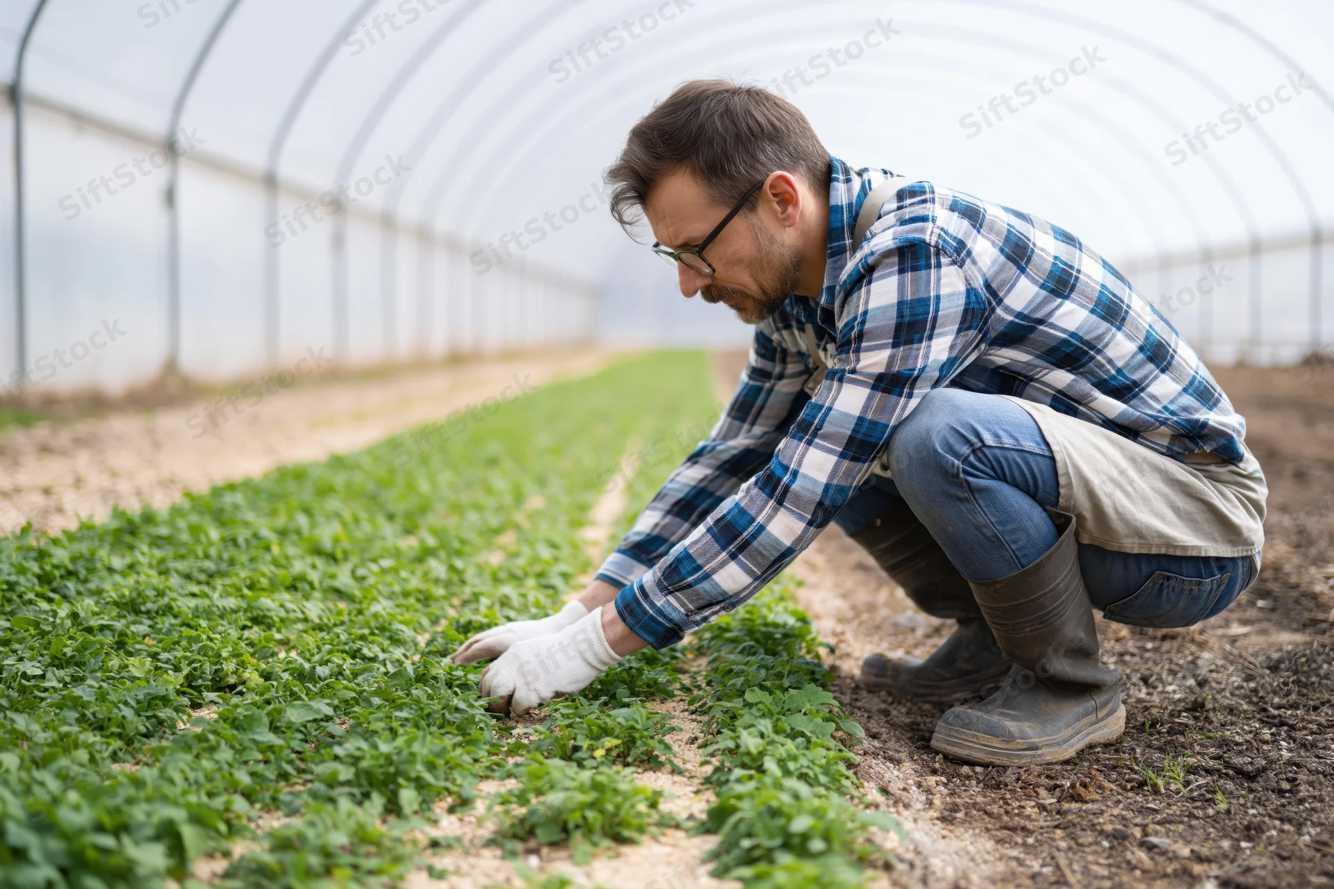 Young man crouching to inspect rows of green seedlings inside greenhouse