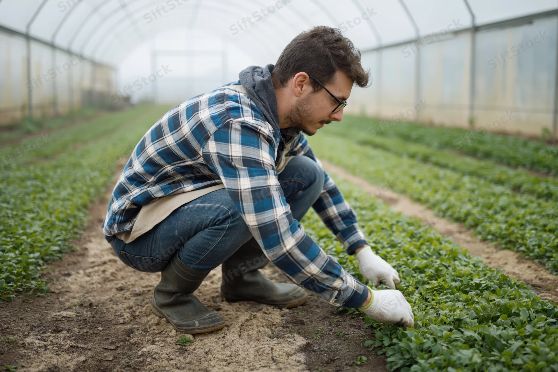 Young man crouching to inspect rows of green seedlings inside greenhouse