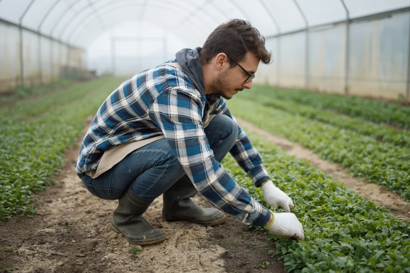 Young man crouching to inspect rows of green seedlings inside greenhouse