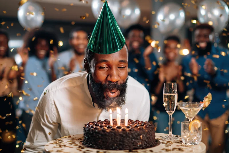Man blowing out candles on chocolate cake at birthday party with friends and confetti