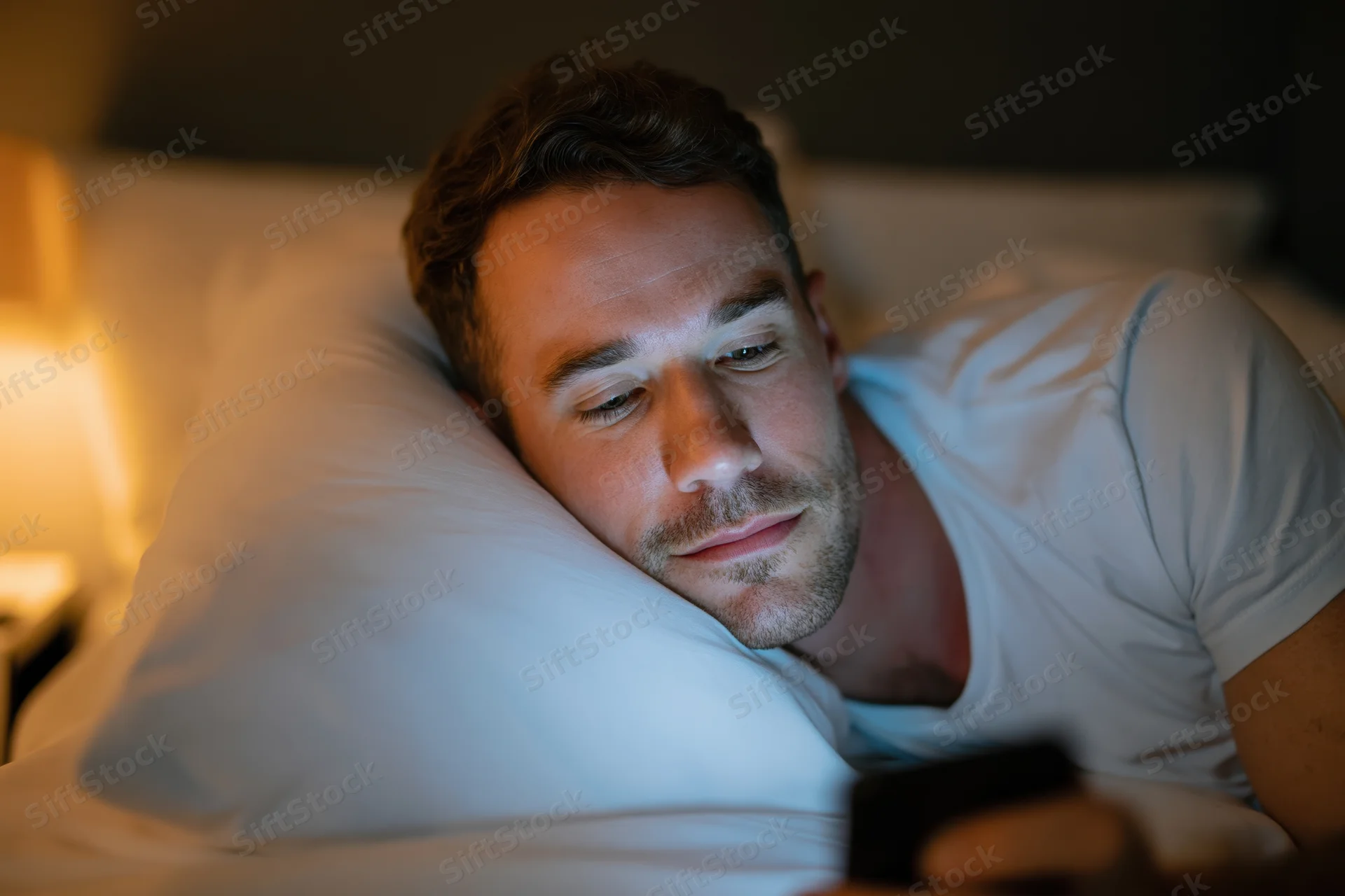Man sleeping in bed at night with head on white pillow, warm lamp light in bedroom