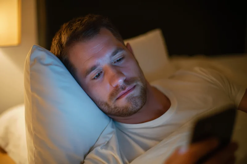 Man lying in bed at night using smartphone with head on white pillow
