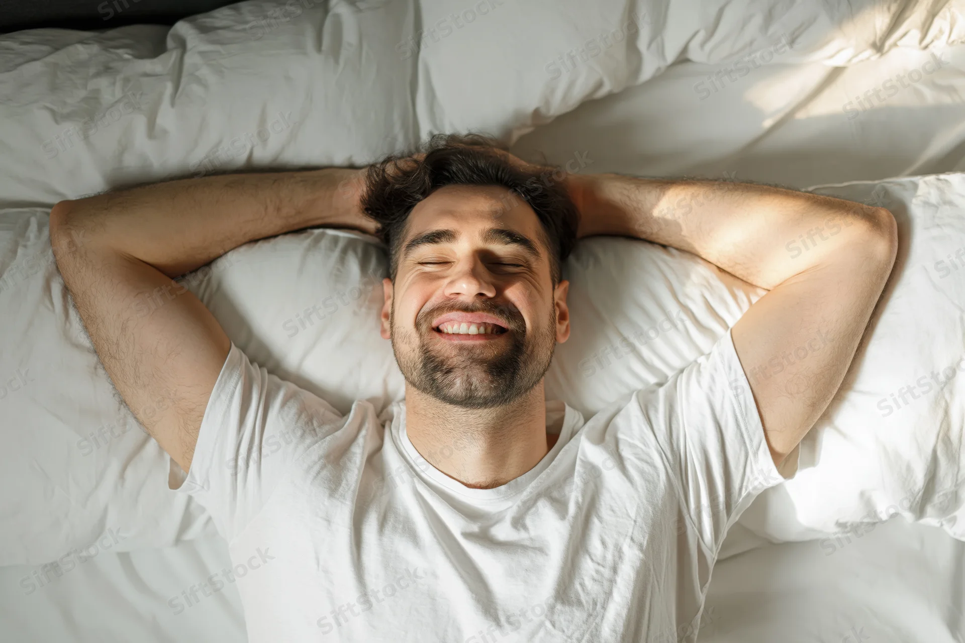 Man waking in bed stretching arms overhead smiling with eyes closed