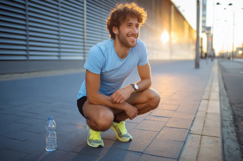 Young man crouching on sidewalk after running in urban setting with water bottle and sneakers