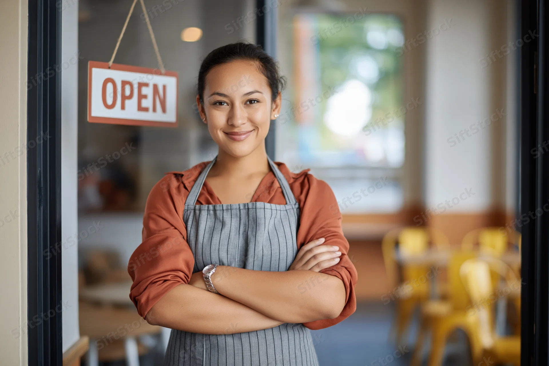 Young mixed-race woman smiling with arms crossed at cafe entrance wearing apron