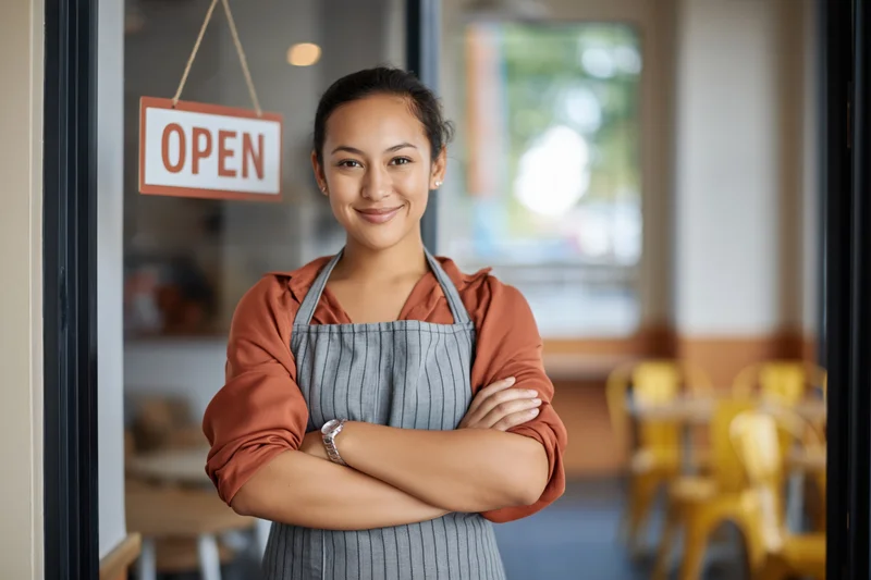 Young mixed-race woman smiling with arms crossed at cafe entrance wearing apron