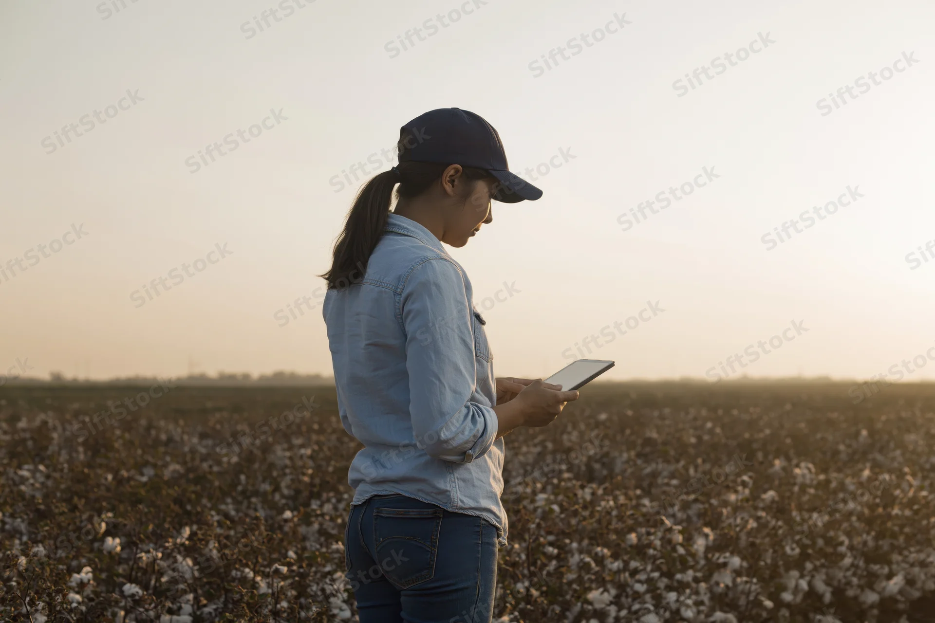 Woman agronomist using tablet in cotton field at sunset