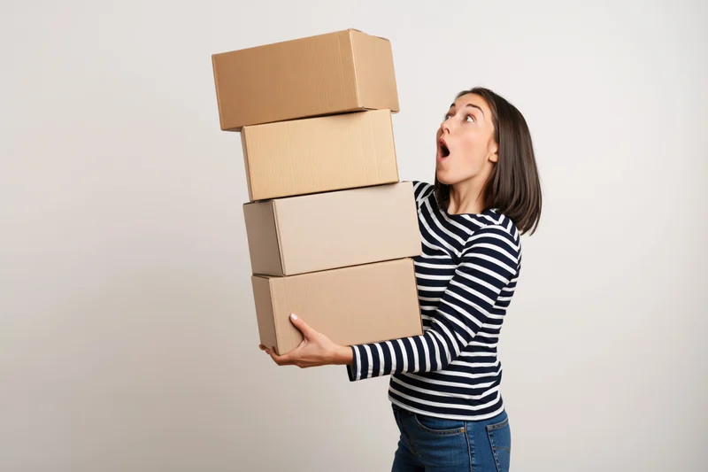 Woman balancing a tall stack of cardboard boxes against white background