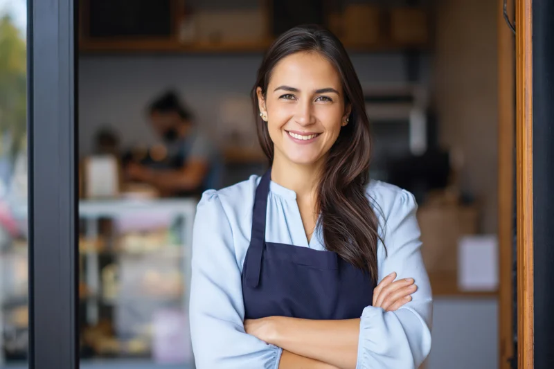 Woman cafe owner smiling with arms crossed at bakery doorway