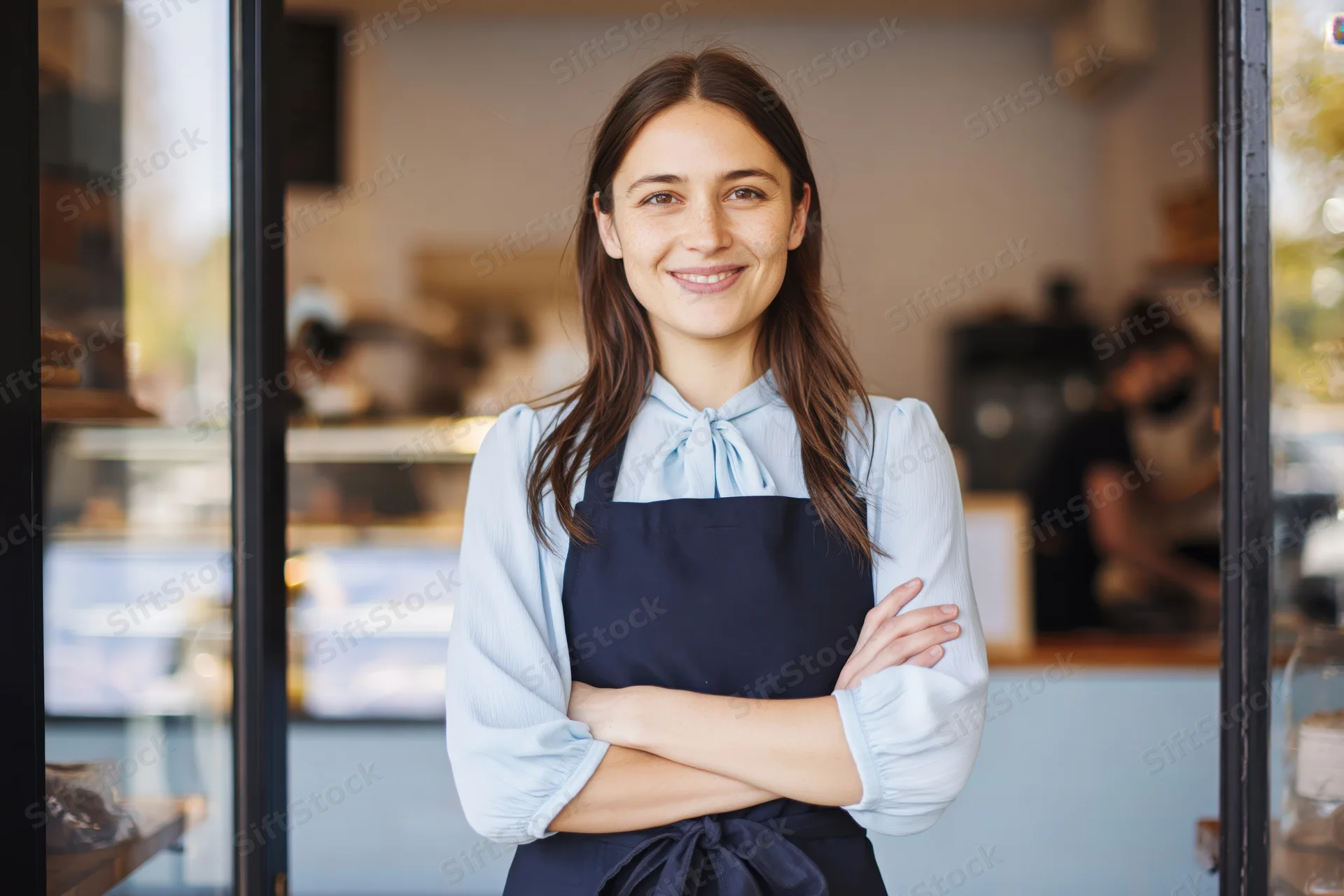 Woman cafe owner standing at bakery doorway smiling with arms crossed