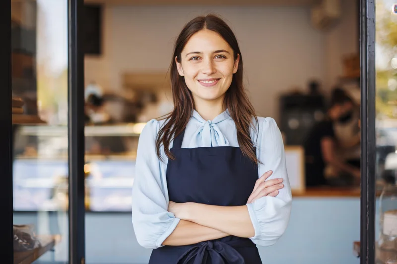 Woman cafe owner standing at bakery doorway smiling with arms crossed
