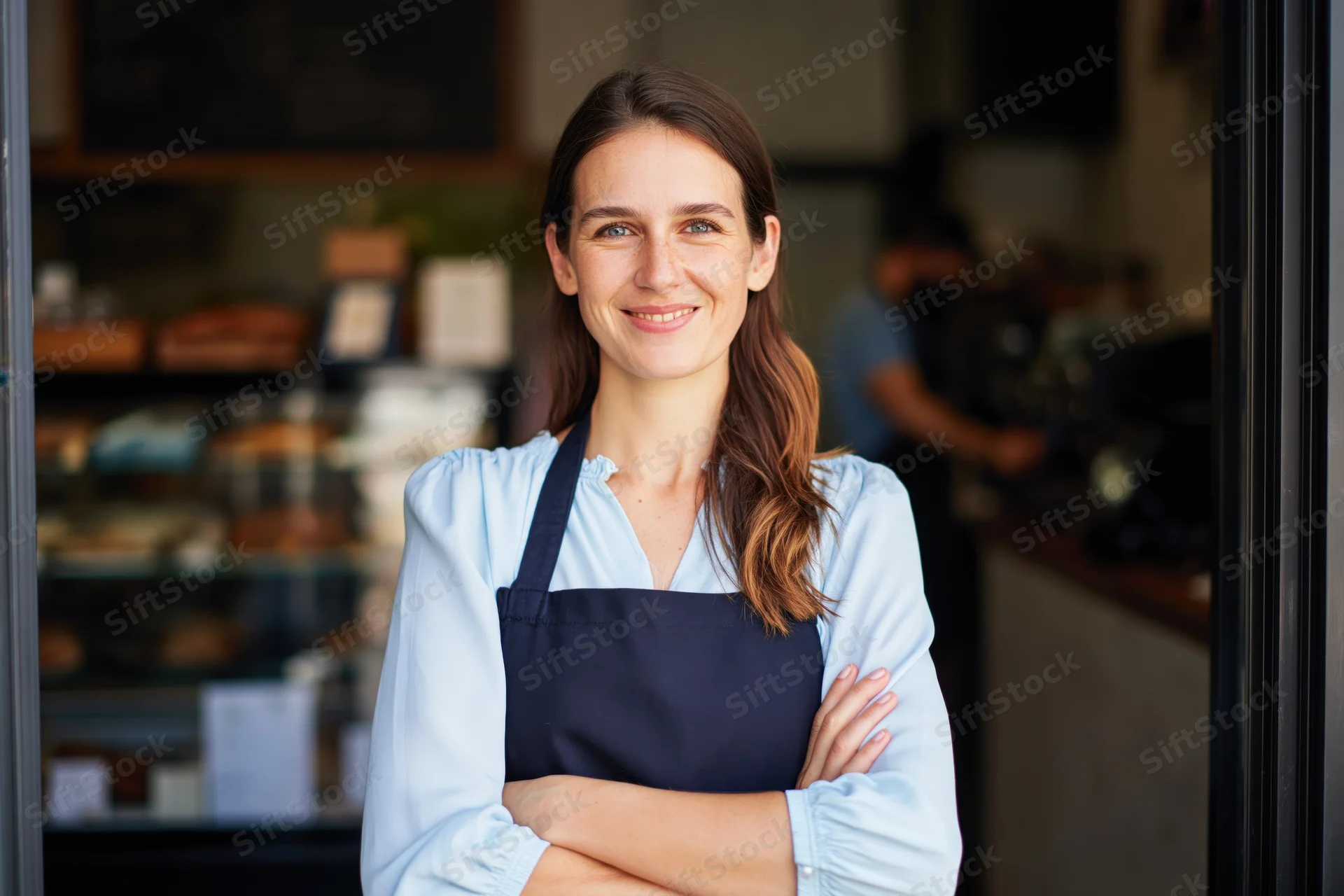 Woman cafe owner smiling with arms crossed at bakery doorway