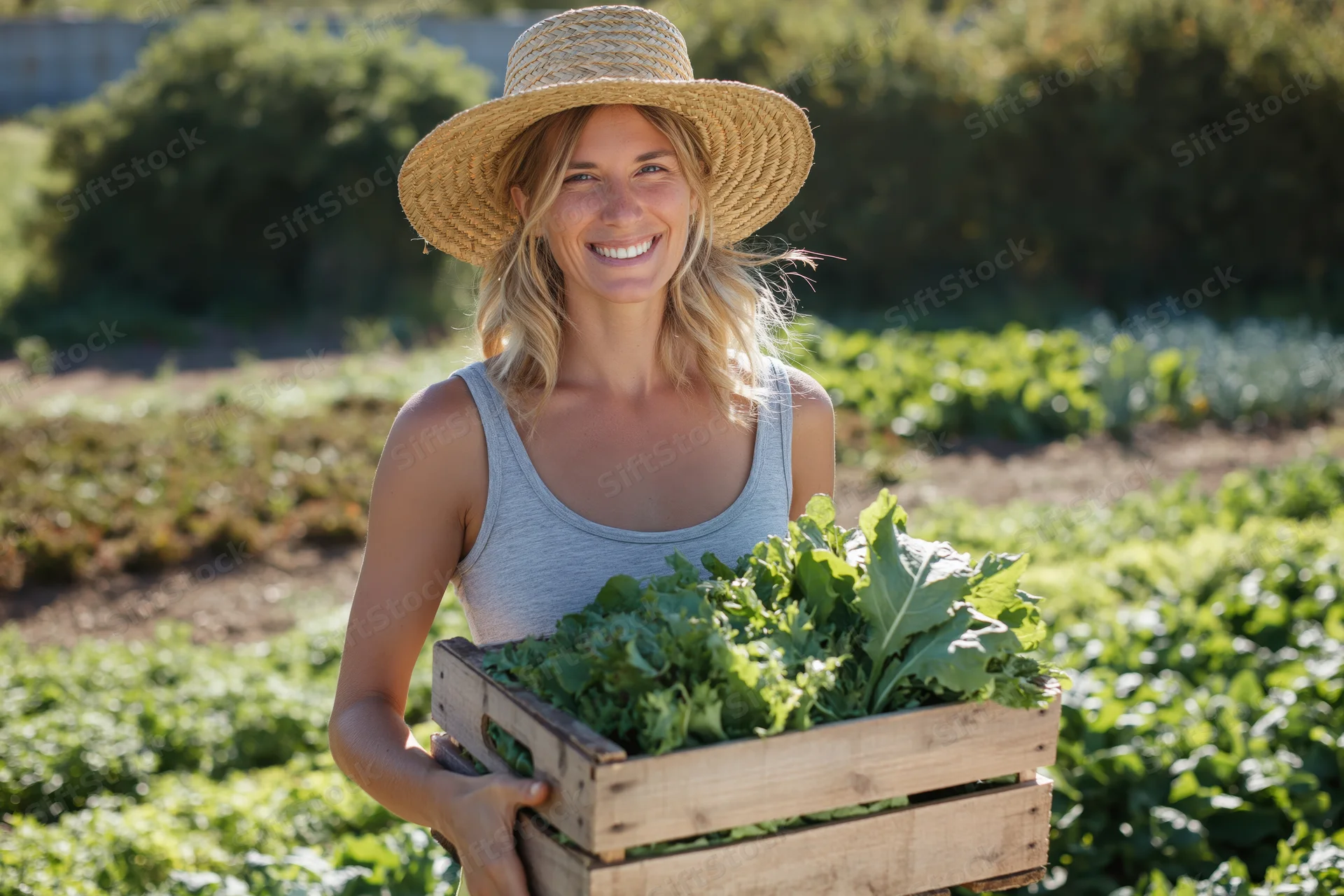 Smiling woman farmer holding wooden crate of fresh vegetables in garden