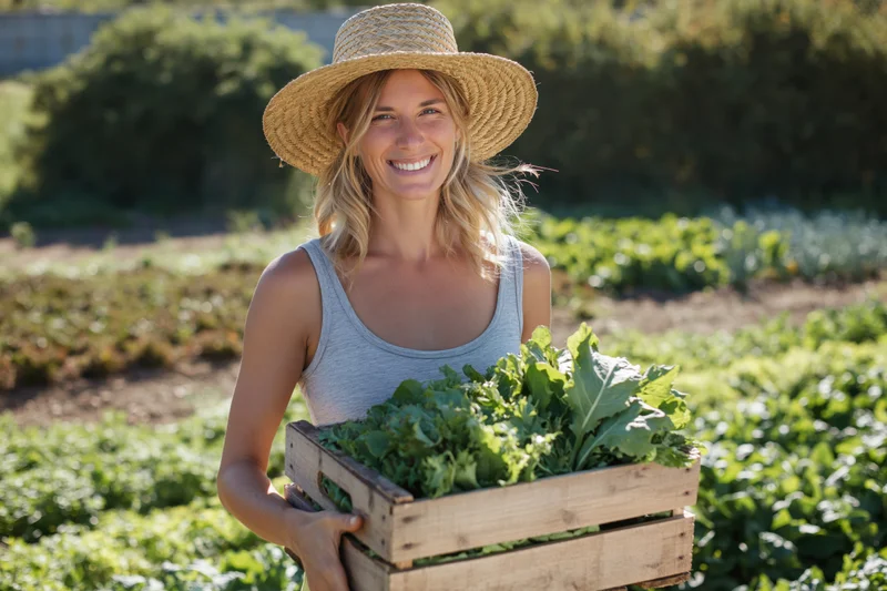 Young woman farmer with wooden crate of freshly picked greens