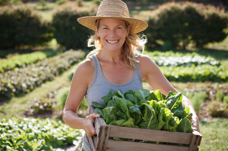 Smiling woman farmer holding wooden crate filled with fresh lettuce in garden field