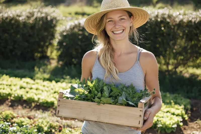 Smiling woman farmer holding wooden crate of fresh vegetables in garden