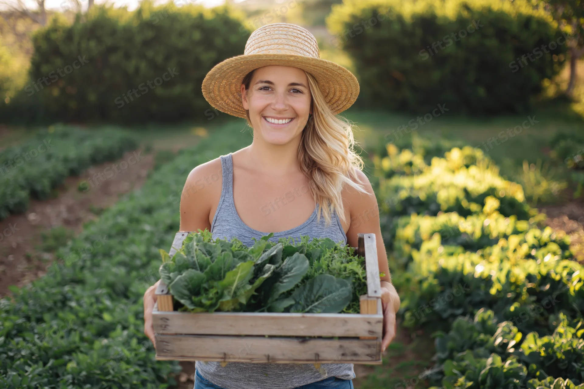 Smiling woman farmer holding wooden crate of fresh vegetables in garden field