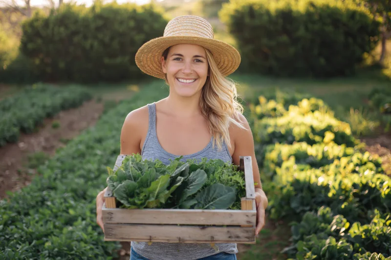 Smiling woman farmer holding wooden crate of fresh vegetables in garden field