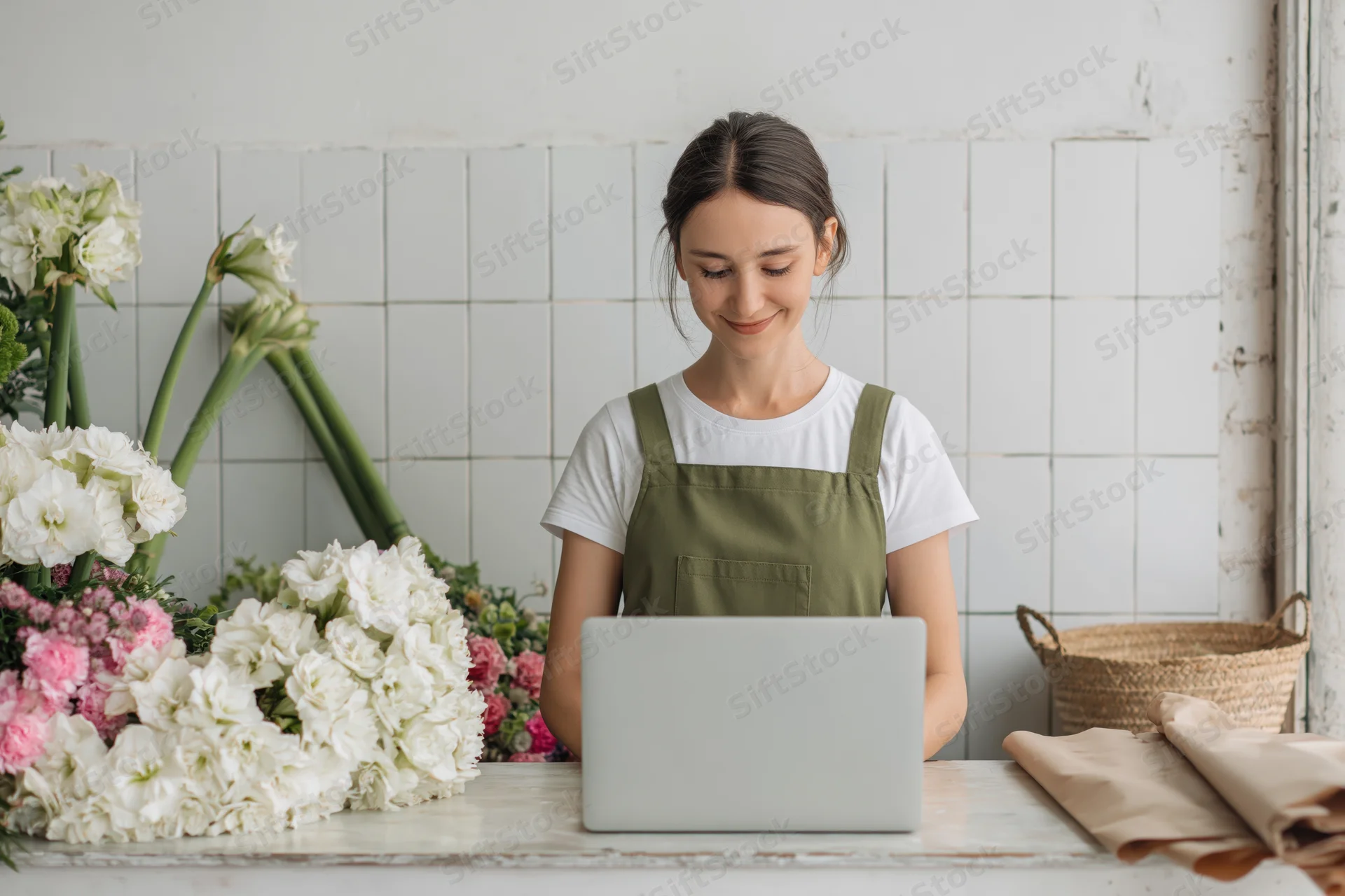 Young woman florist smiling while working on laptop behind shop counter with flowers and floral arrangements around