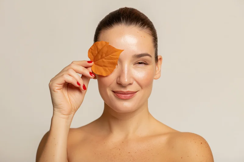 Woman holding orange autumn leaf over one eye in studio portrait