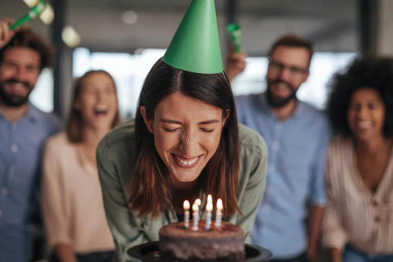 Woman blowing out candles on birthday cake at office party with colleagues celebrating around her