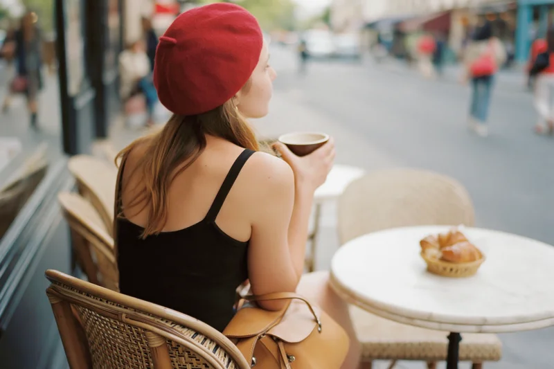 Woman in red beret seated at parisian sidewalk cafe holding coffee cup, croissant on table beside her