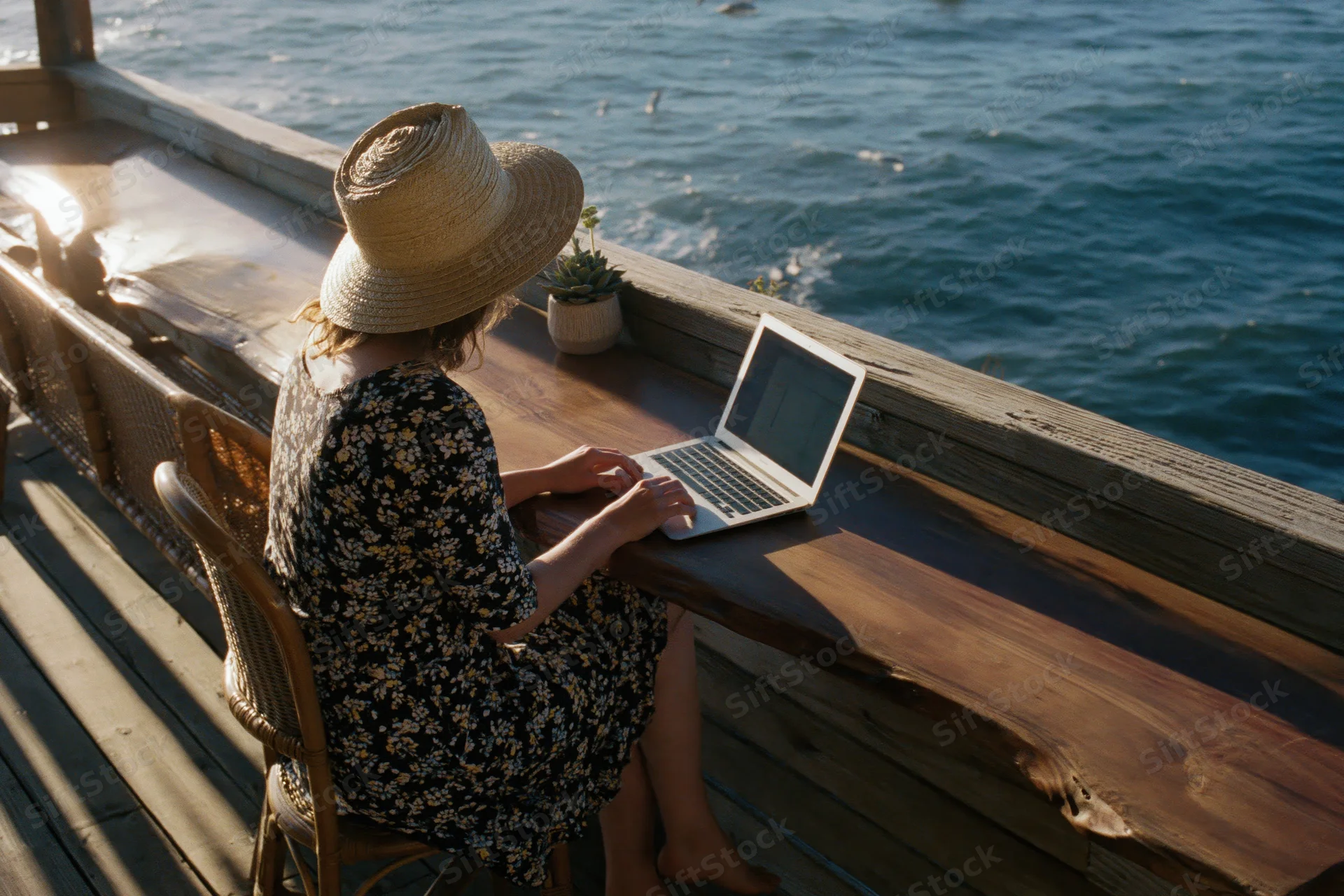 Woman working on laptop at wooden deck by the ocean