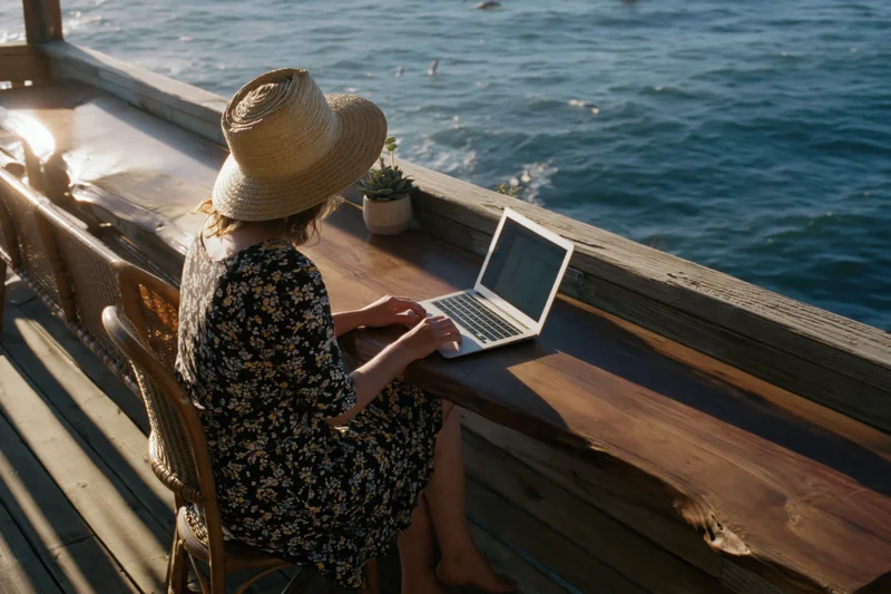 Woman working on laptop at wooden deck by the ocean