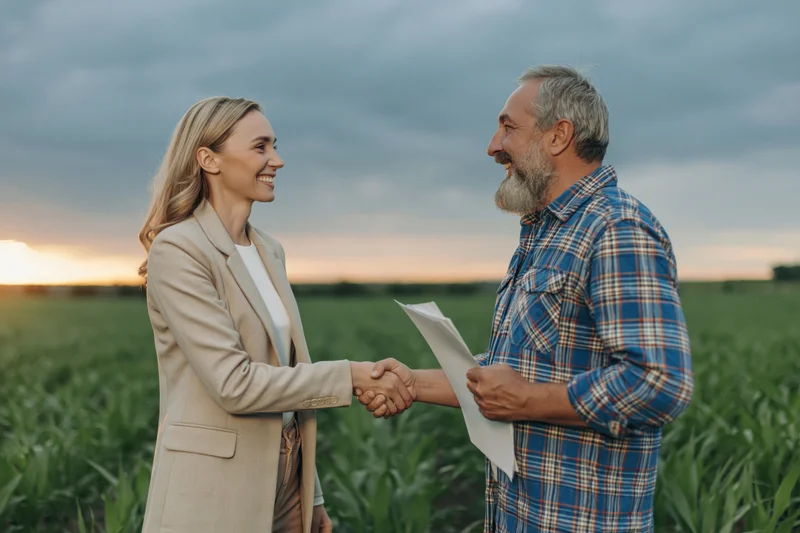 Woman in beige blazer shaking hands with older bearded man holding document in cornfield at sunset