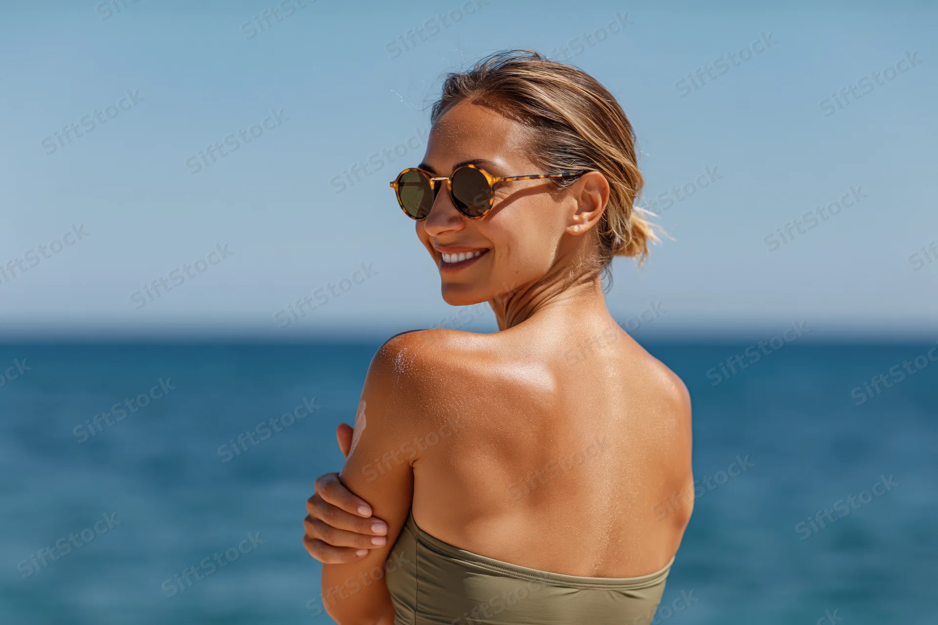 Woman in olive-green swimsuit smiling at camera on beach with ocean behind