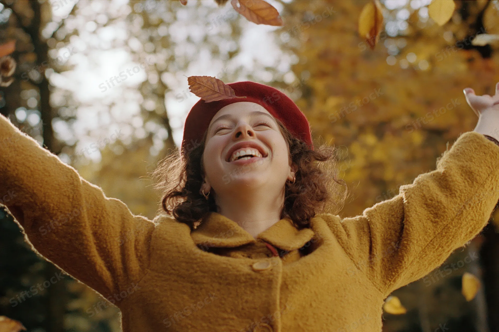 Young woman laughing with arms raised amidst falling autumn leaves in a sunlit forest