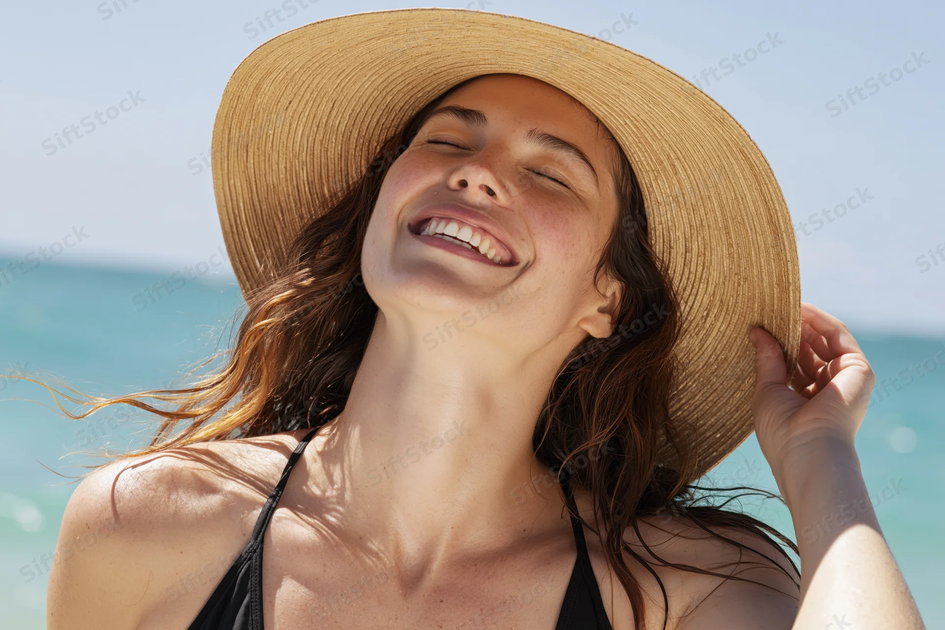 Young woman laughing with eyes closed on beach wearing straw hat and bikini