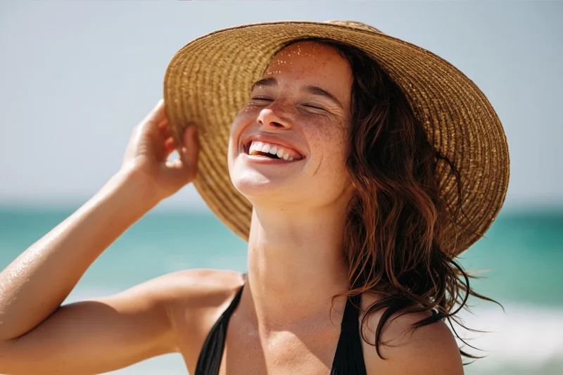 Woman laughing with eyes closed on beach wearing straw hat and bikini