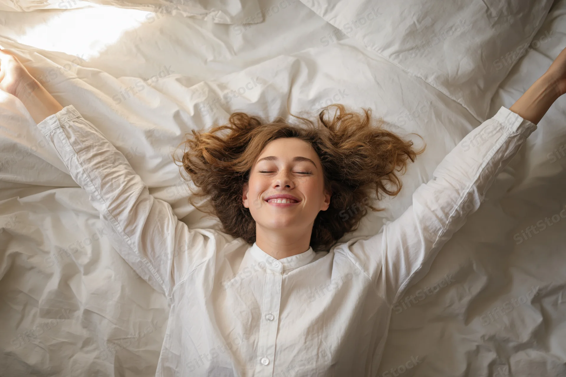 Young woman lying on her back in bed with arms stretched above her head, smiling with eyes closed