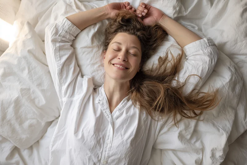 Woman lying on back in bed with arms stretched above head smiling with eyes closed