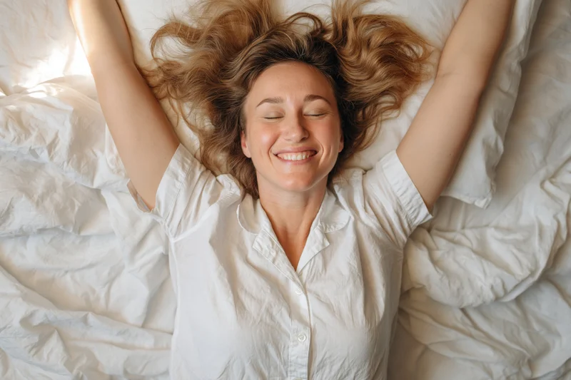 Woman lying on back in bed with arms stretched above head, smiling, surrounded by white bedding