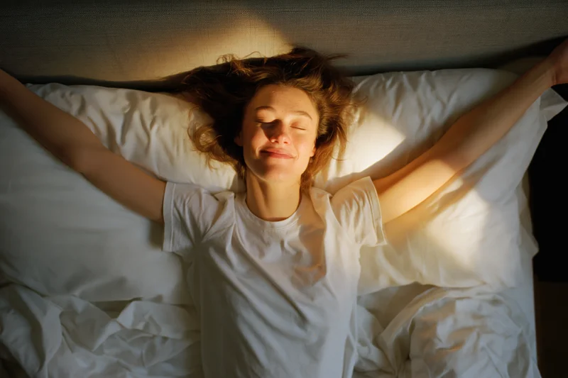 Young woman stretching arms wide in bed after waking up in the morning