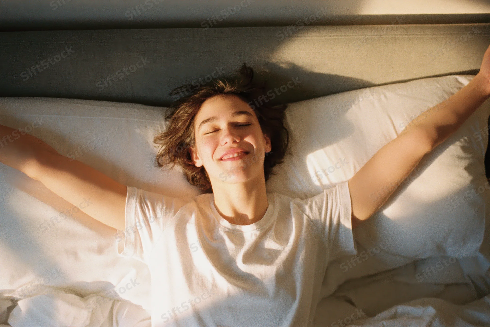 Young woman stretching in bed with arms wide awake in morning sunlight
