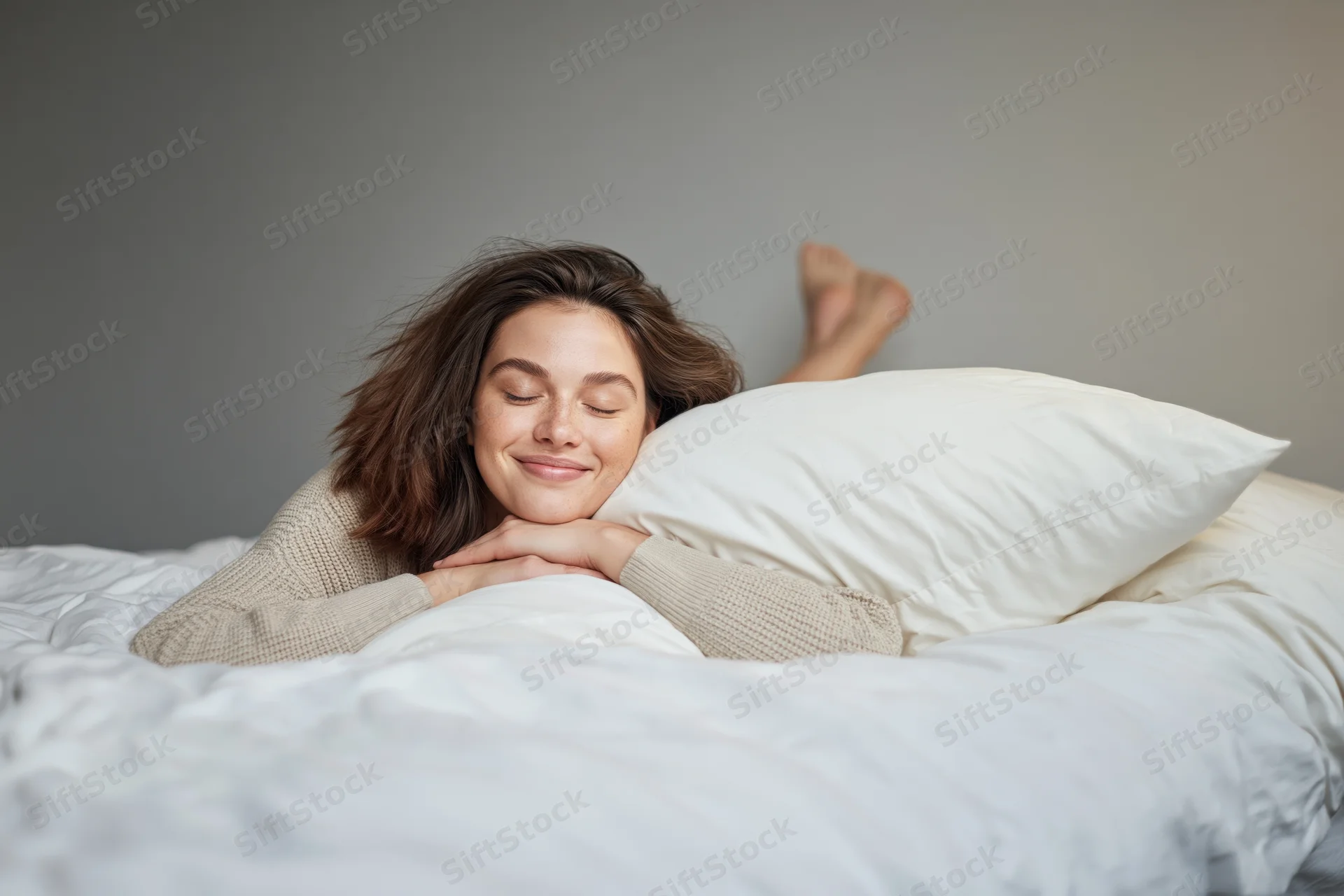 Woman lying on stomach on bed with eyes closed and smile, resting head on pillow