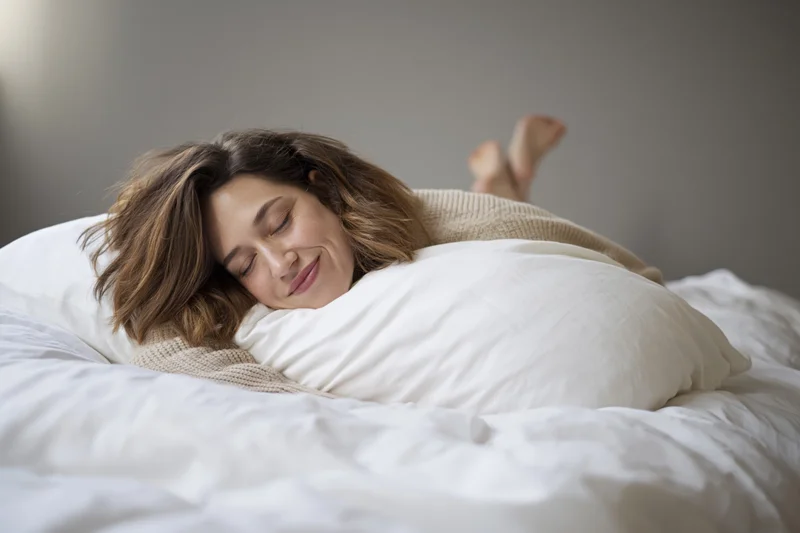 Woman sleeping on stomach on bed with head on pillow, smiling with eyes closed, covered in white blanket and beige sweater