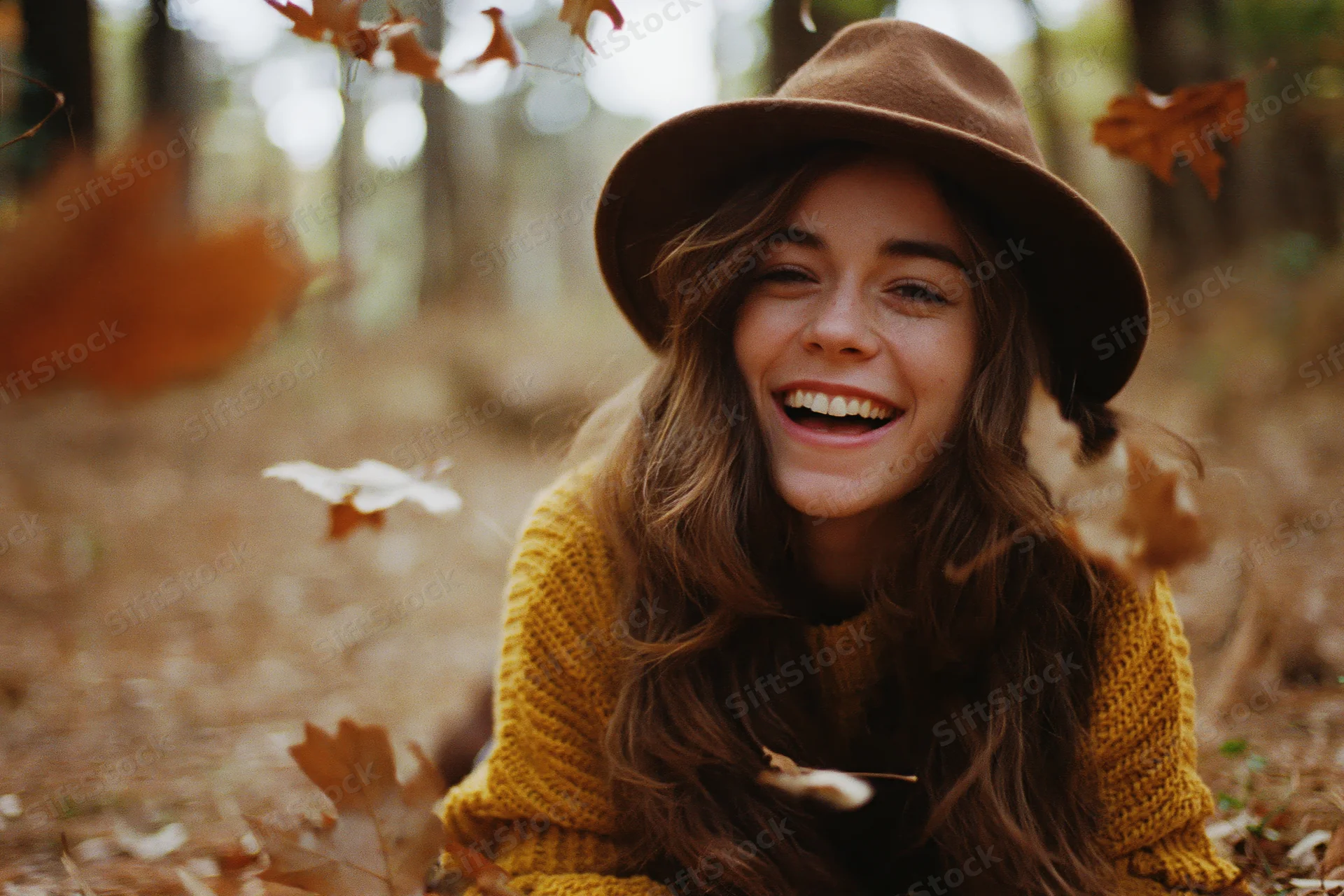 Young woman laughing on forest floor surrounded by falling autumn leaves