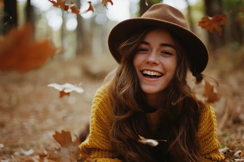 Young woman laughing on forest floor surrounded by falling autumn leaves
