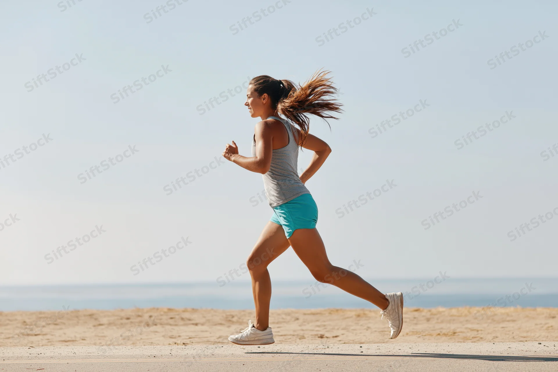 Woman running in profile along a coastal path by the beach