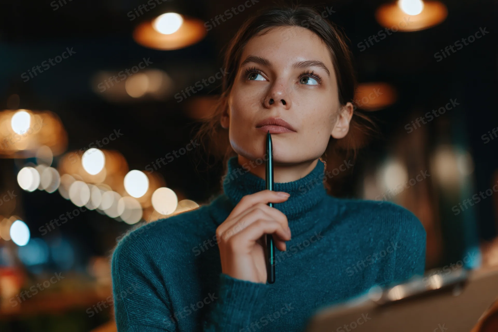 Woman holding pencil to chin while looking up in dim cafe lounge