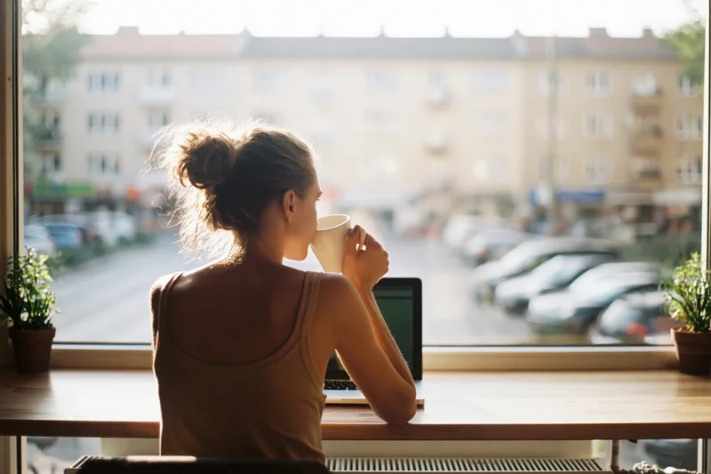 Woman drinking coffee at wooden cafe counter by window with city view
