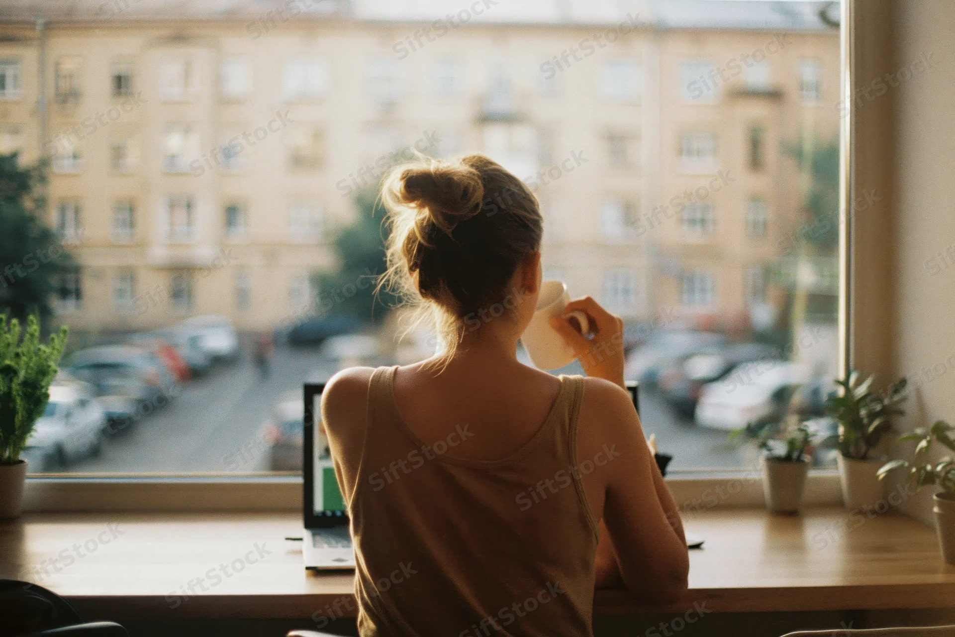 Woman sitting at wooden cafe counter drinking coffee while working on laptop facing city view through window