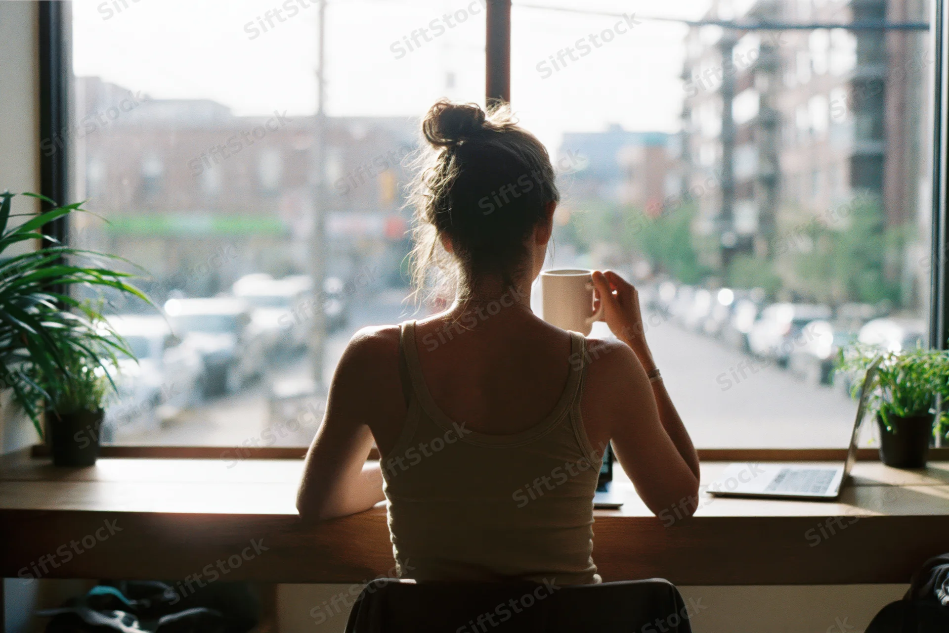 Woman sitting at wooden cafe counter holding mug with laptop and plants, looking out window at city street